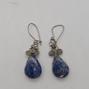 silver tone sodalite teardrop dangle earrings with wire swirls